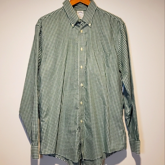BROOKS BROTHERS / MENS DRESS SHIRT / CHECKERED GREEN & WHITE - Picture 1 of 5